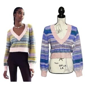 Sunday Best Kitten Sweater Striped V-Neck Sweater